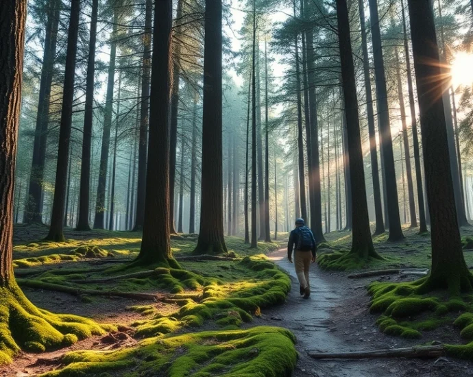 A serene forest scene with sunlight filtering through tall trees, moss-covered ground, and a peaceful hiking trail winding through ancient woodland, photorealistic nature landscape