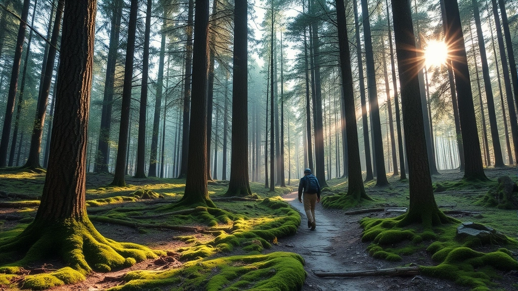 A serene forest scene with sunlight filtering through tall trees, moss-covered ground, and a peaceful hiking trail winding through ancient woodland, photorealistic nature landscape