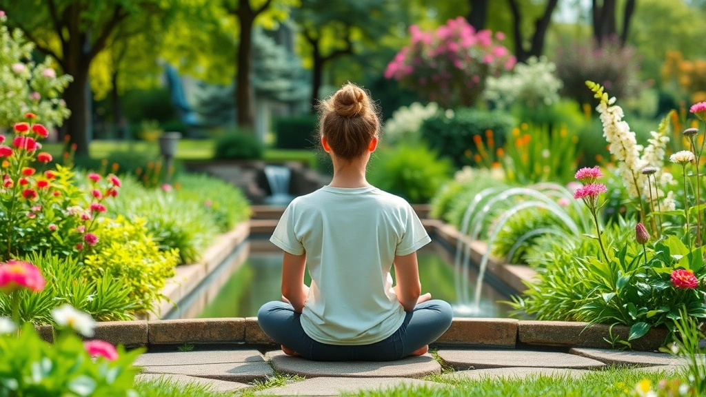 A person sitting peacefully in a lush green park surrounded by flowering plants and natural water features, demonstrating mindful nature therapy and outdoor meditation