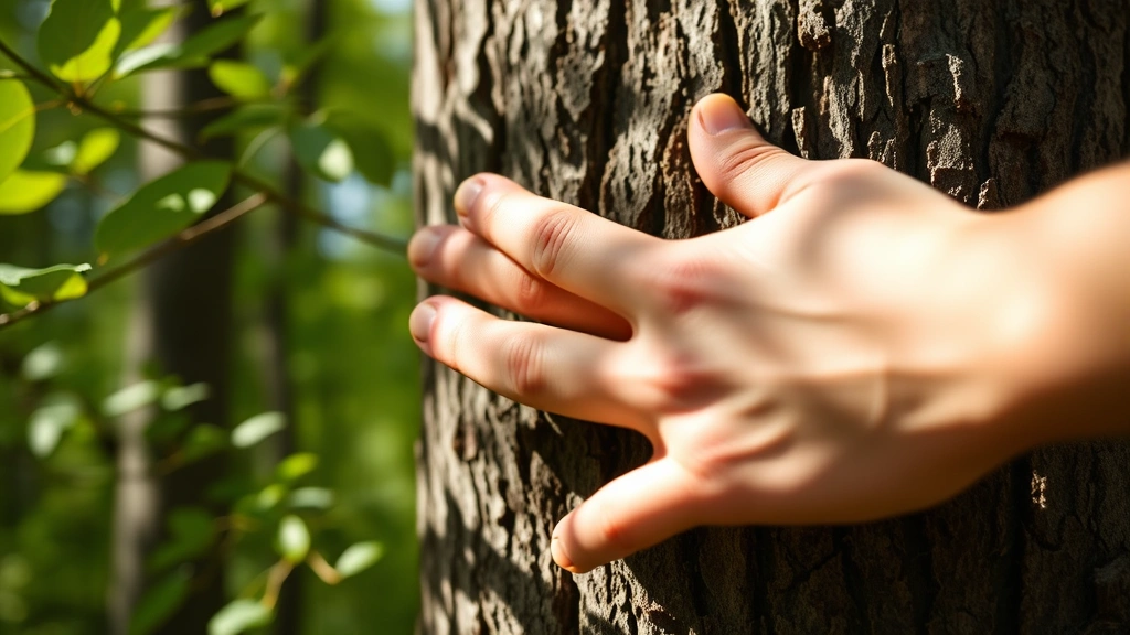 Close-up of hands gently touching tree bark and green foliage in natural sunlight, representing the sensory connection and healing touch of forest bathing practice