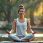 Person sitting in meditation pose in serene natural setting with soft morning light filtering through trees, peaceful facial expression, hands resting on knees, cross-legged position, calm water or garden background, photorealistic