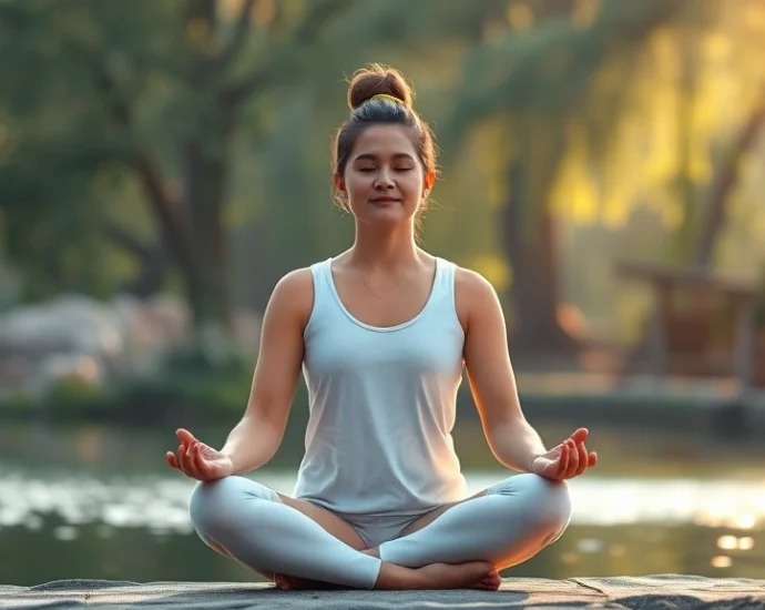 Person sitting in meditation pose in serene natural setting with soft morning light filtering through trees, peaceful facial expression, hands resting on knees, cross-legged position, calm water or garden background, photorealistic