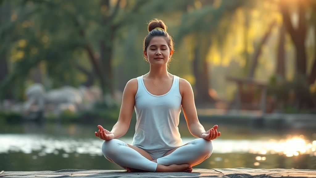 Person sitting in meditation pose in serene natural setting with soft morning light filtering through trees, peaceful facial expression, hands resting on knees, cross-legged position, calm water or garden background, photorealistic