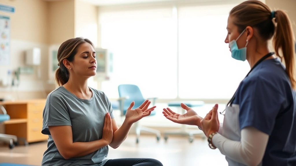 Healthcare professional guiding patient through mindfulness breathing exercise in clinical rehabilitation setting, both figures calm and focused, medical facility background, warm natural lighting, therapeutic interaction