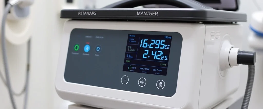 Portable negative pressure wound therapy device with digital display showing pressure readings, modern medical equipment in clinical setting, photorealistic, no text visible