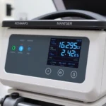 Portable negative pressure wound therapy device with digital display showing pressure readings, modern medical equipment in clinical setting, photorealistic, no text visible