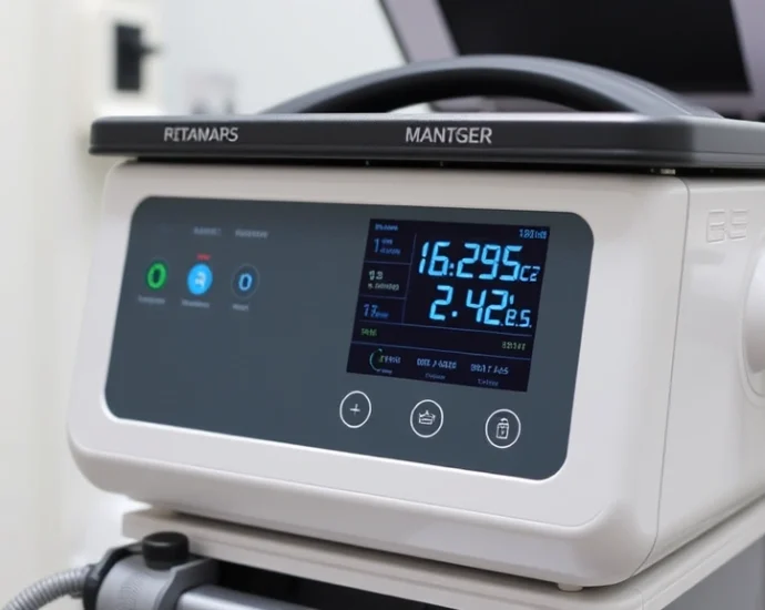 Portable negative pressure wound therapy device with digital display showing pressure readings, modern medical equipment in clinical setting, photorealistic, no text visible