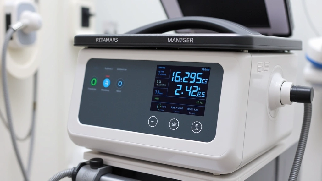 Portable negative pressure wound therapy device with digital display showing pressure readings, modern medical equipment in clinical setting, photorealistic, no text visible