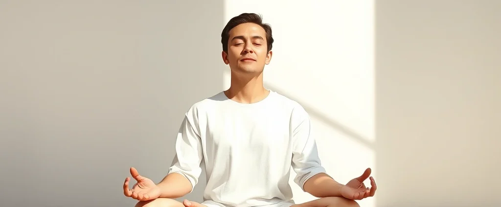 Person in peaceful meditation pose in bright natural light, serene facial expression, hands in lap, sitting on cushion, minimalist background with soft shadows, photorealistic detail