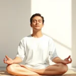 Person in peaceful meditation pose in bright natural light, serene facial expression, hands in lap, sitting on cushion, minimalist background with soft shadows, photorealistic detail