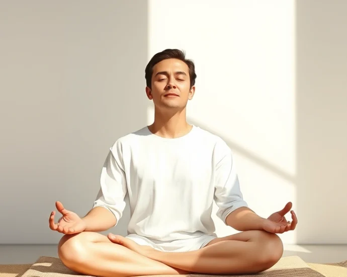 Person in peaceful meditation pose in bright natural light, serene facial expression, hands in lap, sitting on cushion, minimalist background with soft shadows, photorealistic detail