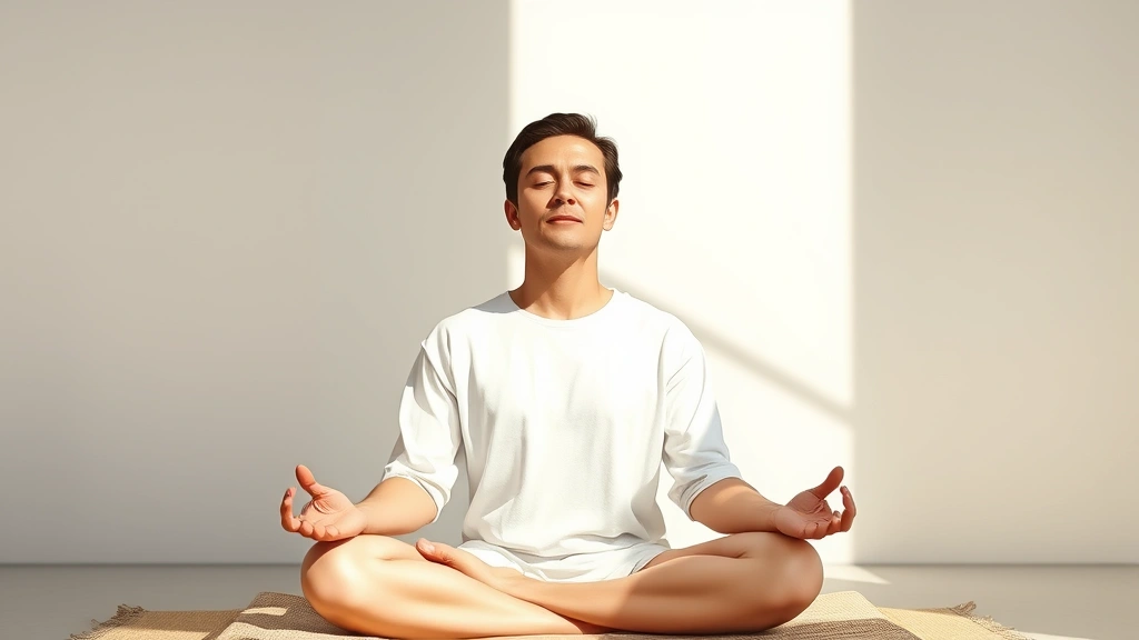 Person in peaceful meditation pose in bright natural light, serene facial expression, hands in lap, sitting on cushion, minimalist background with soft shadows, photorealistic detail