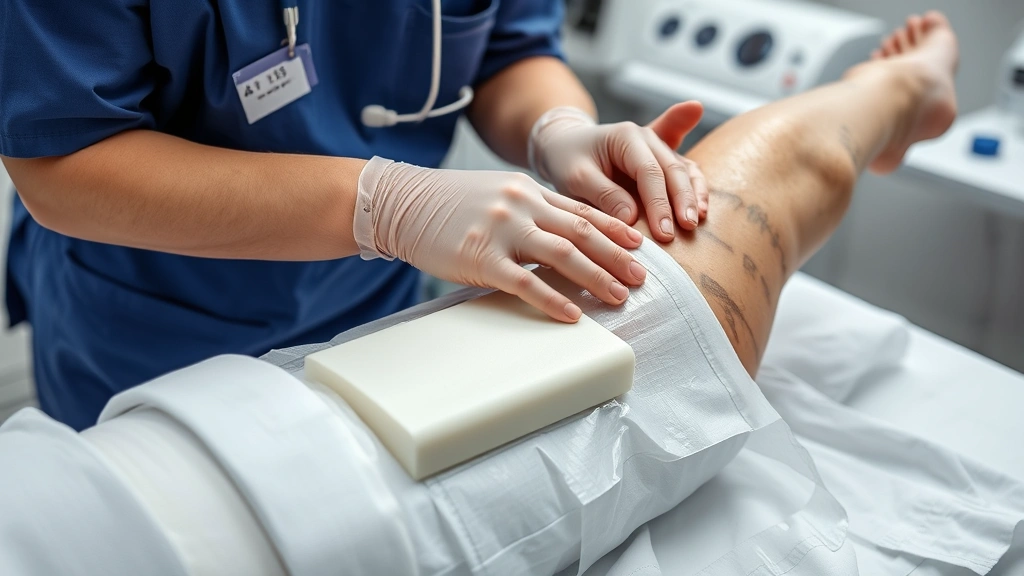 Healthcare professional applying negative pressure wound therapy dressing to patient's leg wound, showing foam insert and sealed covering, medical setting, photorealistic clinical care