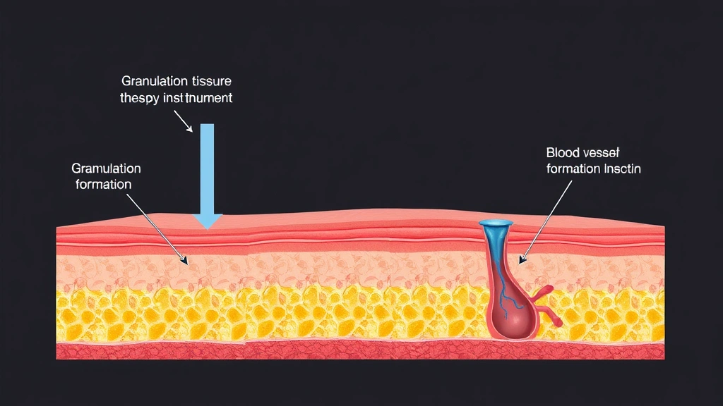 Cross-section diagram visualization of wound healing with negative pressure therapy showing granulation tissue development and blood vessel formation, medical illustration style, photorealistic