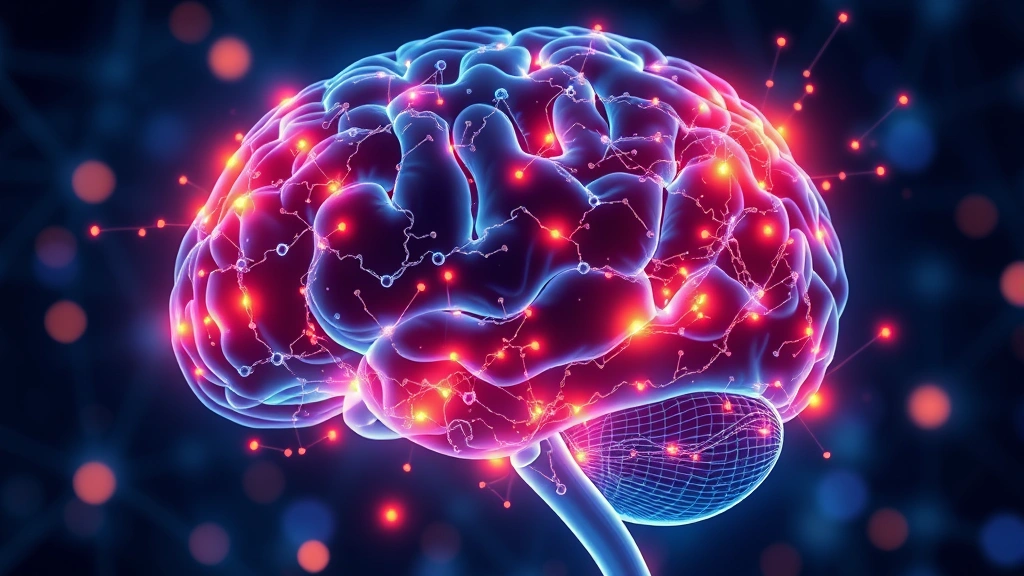 Brain illustration showing neural networks glowing with activity, mindfulness-related regions highlighted in warm colors, abstract representation of neuroplasticity, scientific aesthetic, no text labels