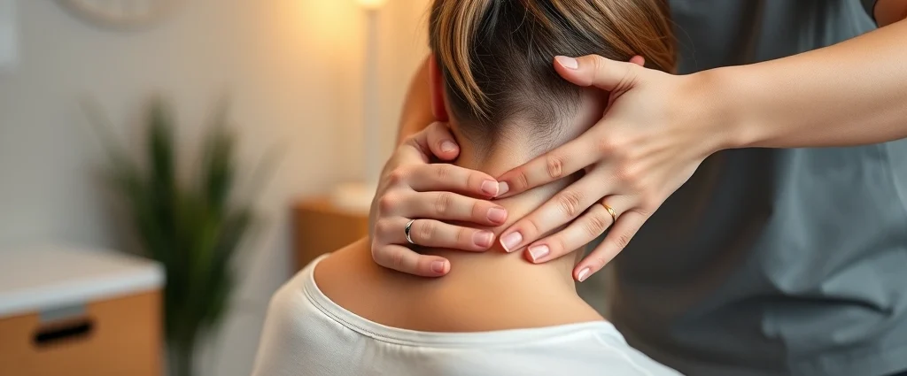 Professional therapist performing hands-on manual therapy technique on patient's neck and shoulder area in clinical setting, focused therapeutic touch, warm lighting, calm environment