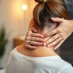 Professional therapist performing hands-on manual therapy technique on patient's neck and shoulder area in clinical setting, focused therapeutic touch, warm lighting, calm environment