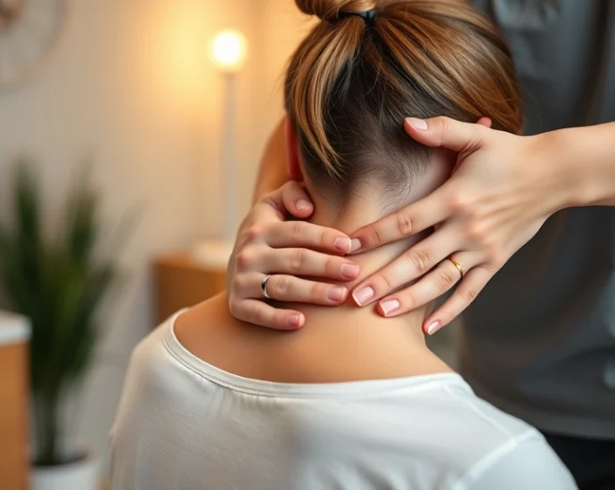 Professional therapist performing hands-on manual therapy technique on patient's neck and shoulder area in clinical setting, focused therapeutic touch, warm lighting, calm environment