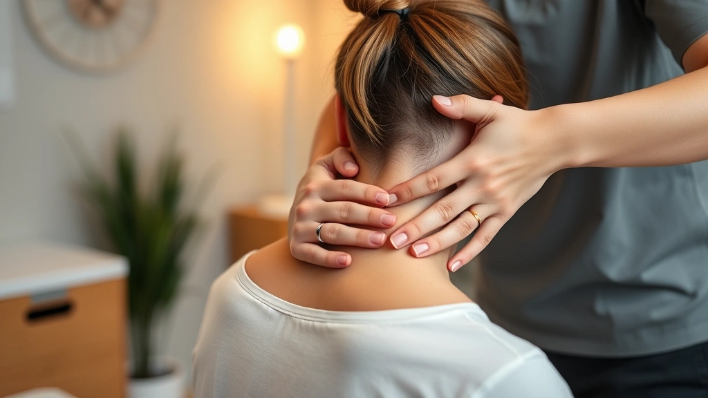Professional therapist performing hands-on manual therapy technique on patient's neck and shoulder area in clinical setting, focused therapeutic touch, warm lighting, calm environment