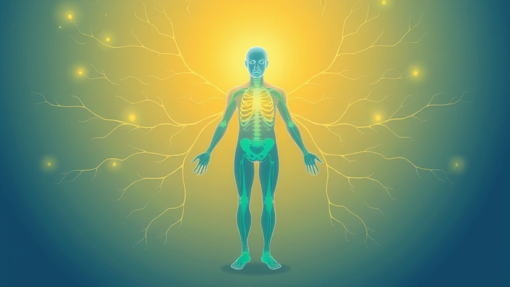 Illustration-style visualization of nervous system activation with warm blue and green tones showing relaxation state, parasympathetic response, calming energy flow through human body silhouette