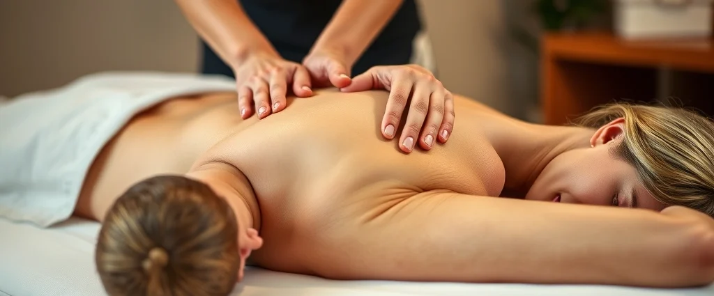 Skilled massage therapist performing targeted neuromuscular massage on client's upper back and shoulder area, hands applying precise pressure to muscle tissue, warm professional setting with soft lighting, client lying face down on massage table
