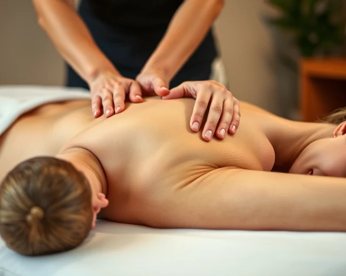 Skilled massage therapist performing targeted neuromuscular massage on client's upper back and shoulder area, hands applying precise pressure to muscle tissue, warm professional setting with soft lighting, client lying face down on massage table