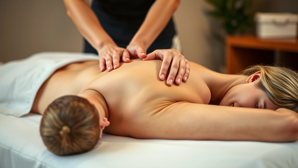 Skilled massage therapist performing targeted neuromuscular massage on client's upper back and shoulder area, hands applying precise pressure to muscle tissue, warm professional setting with soft lighting, client lying face down on massage table