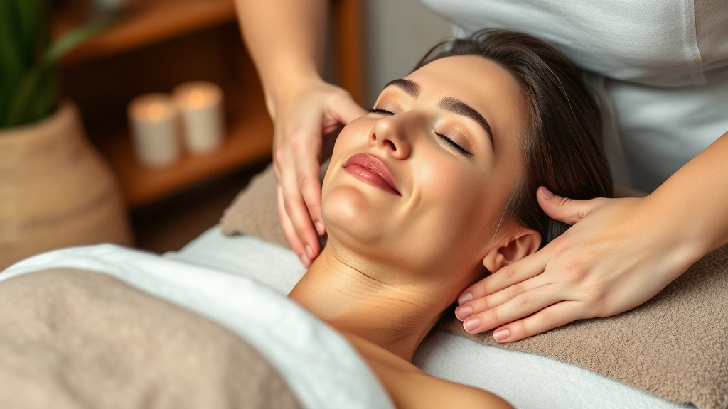 Person experiencing visible relaxation during massage therapy session, peaceful facial expression, tension releasing from neck and shoulder muscles, therapeutic hands working on trigger points, calming spa environment