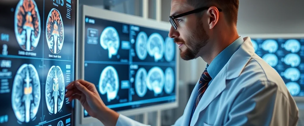 Neuroscientist examining brain imaging scans on illuminated display screens in modern research laboratory, professional medical setting with neural visualization technology