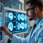 Neuroscientist examining brain imaging scans on illuminated display screens in modern research laboratory, professional medical setting with neural visualization technology