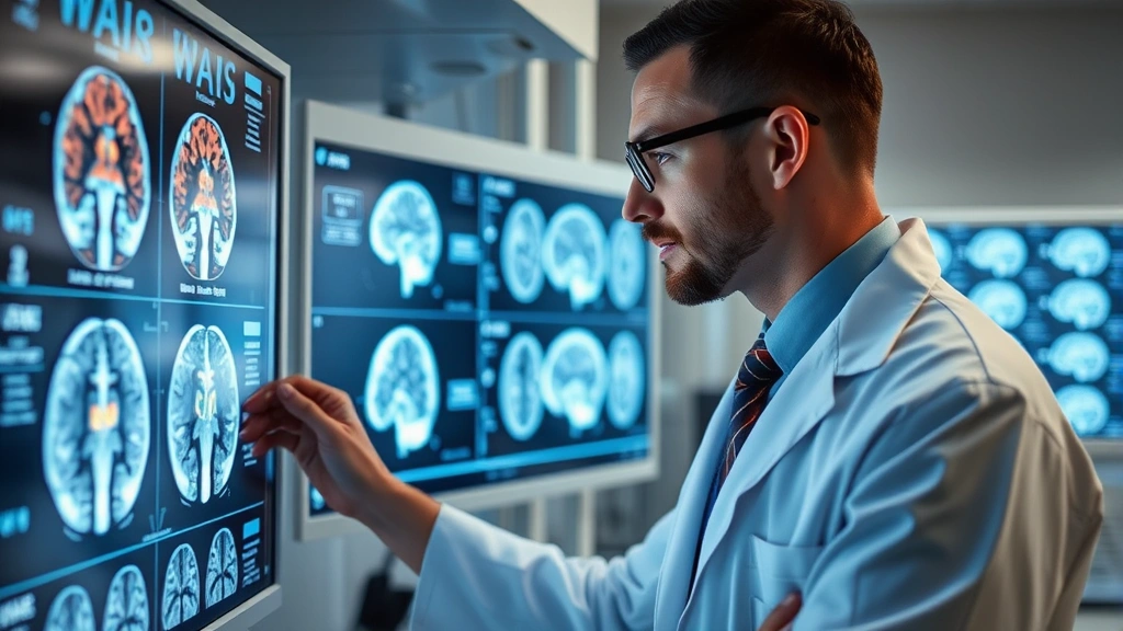 Neuroscientist examining brain imaging scans on illuminated display screens in modern research laboratory, professional medical setting with neural visualization technology
