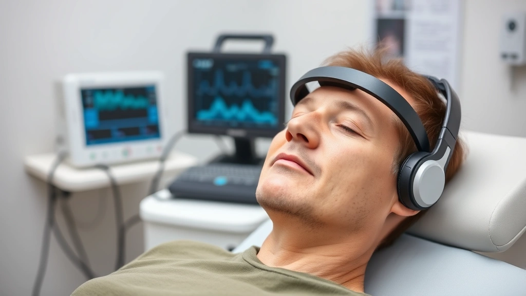 Patient receiving non-invasive electromagnetic stimulation therapy wearing headset device in clinical treatment room, medical professional monitoring equipment in background