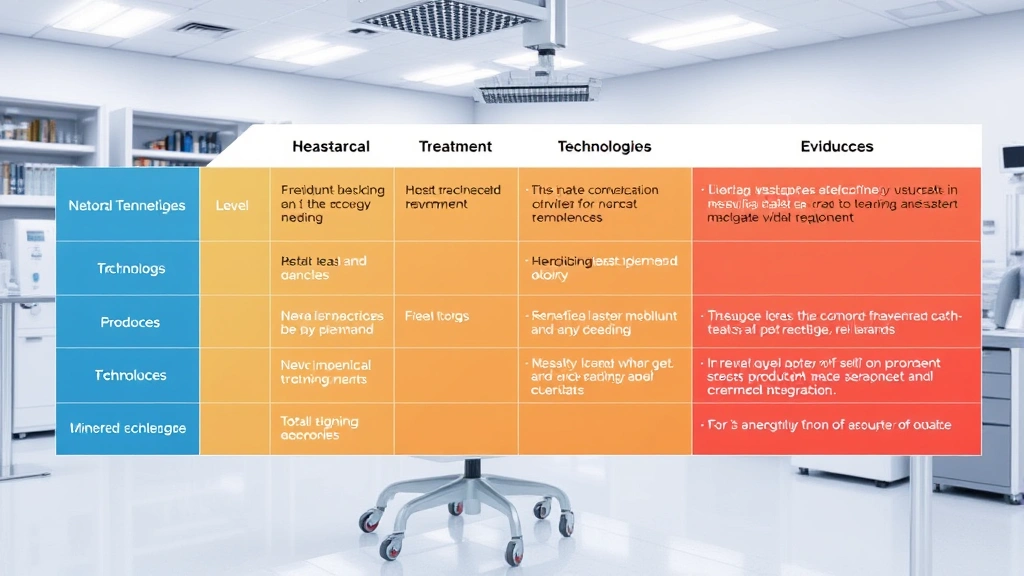 Comparison chart showing various neurological treatment technologies and evidence levels, scientific research documentation on laboratory workspace with medical equipment