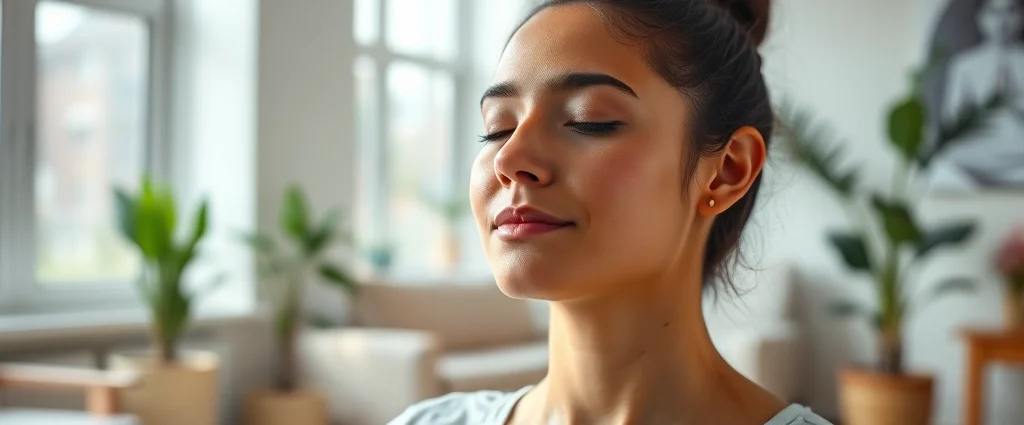 A serene person meditating in a modern therapy office with soft natural light streaming through large windows, peaceful expression, indoor setting, close-up of face and upper body showing calm mindfulness practice