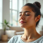 A serene person meditating in a modern therapy office with soft natural light streaming through large windows, peaceful expression, indoor setting, close-up of face and upper body showing calm mindfulness practice