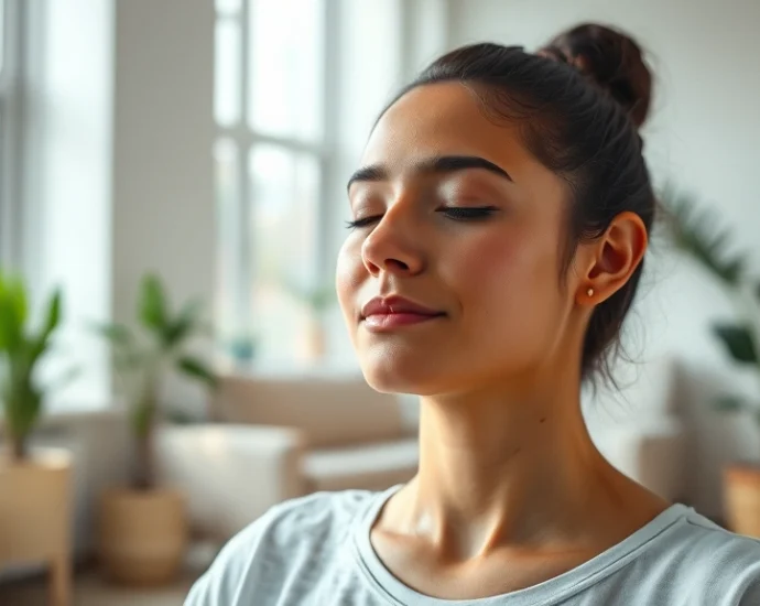 A serene person meditating in a modern therapy office with soft natural light streaming through large windows, peaceful expression, indoor setting, close-up of face and upper body showing calm mindfulness practice