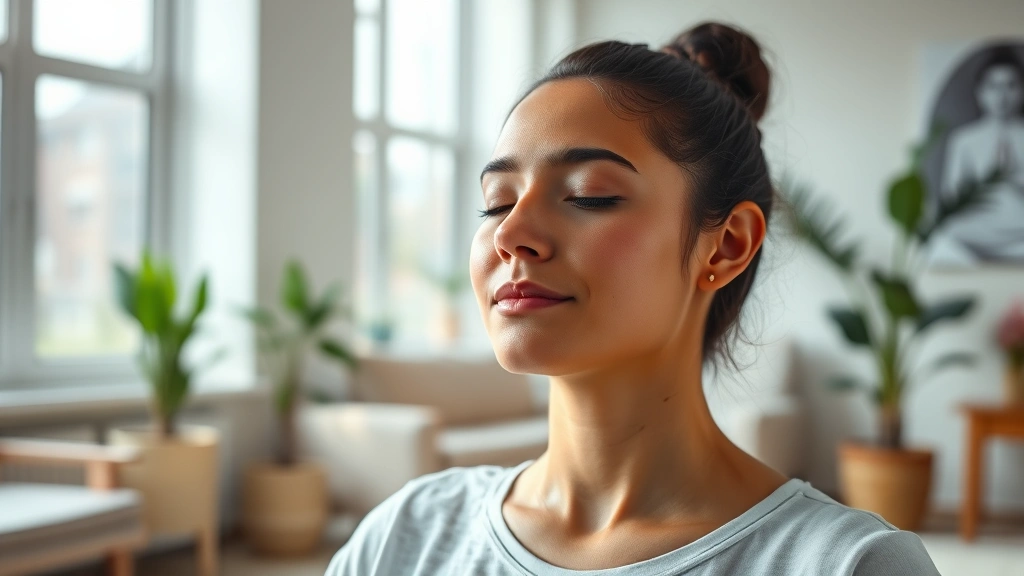 A serene person meditating in a modern therapy office with soft natural light streaming through large windows, peaceful expression, indoor setting, close-up of face and upper body showing calm mindfulness practice