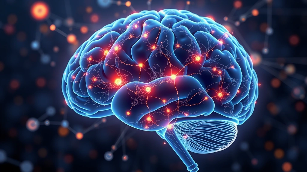 A brain visualization showing glowing neural networks and synaptic connections with emphasis on prefrontal cortex region, abstract neuroscience illustration, representing neuroplasticity and mindfulness-induced brain changes, professional medical style imagery