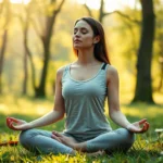 Woman in peaceful meditation pose sitting cross-legged in serene natural environment with soft morning light filtering through trees, eyes closed in calm focus, wearing comfortable clothing, surrounded by nature elements like grass and flowers, photorealistic, peaceful atmosphere