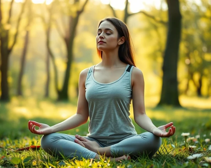 Woman in peaceful meditation pose sitting cross-legged in serene natural environment with soft morning light filtering through trees, eyes closed in calm focus, wearing comfortable clothing, surrounded by nature elements like grass and flowers, photorealistic, peaceful atmosphere