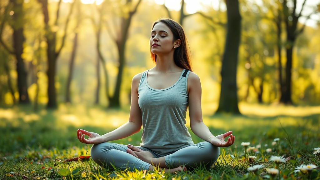 Woman in peaceful meditation pose sitting cross-legged in serene natural environment with soft morning light filtering through trees, eyes closed in calm focus, wearing comfortable clothing, surrounded by nature elements like grass and flowers, photorealistic, peaceful atmosphere