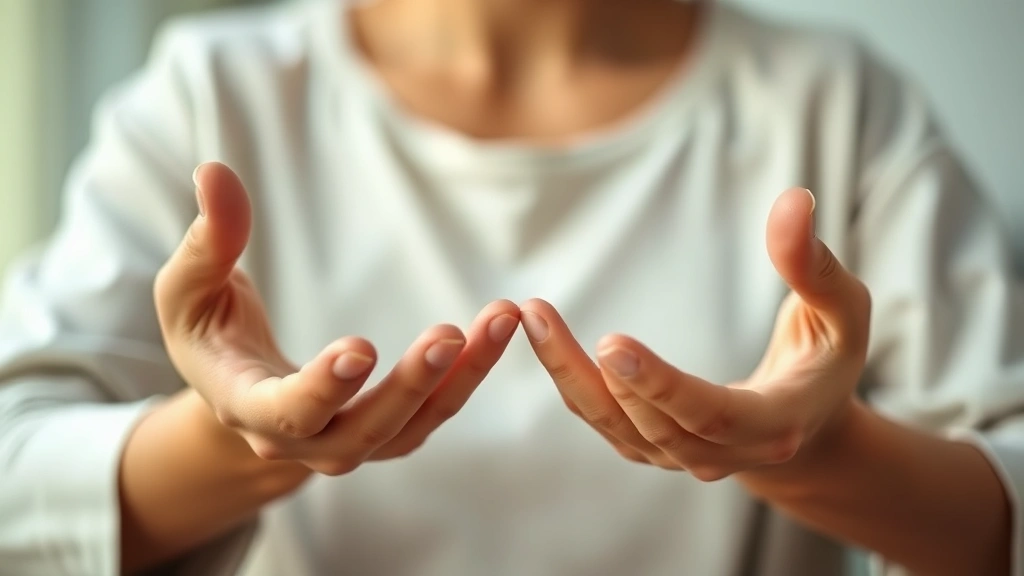 Close-up of hands in meditation mudra position during mindfulness practice, soft natural lighting, peaceful expression visible, demonstrating present-moment awareness and compassionate self-awareness, photorealistic therapeutic imagery