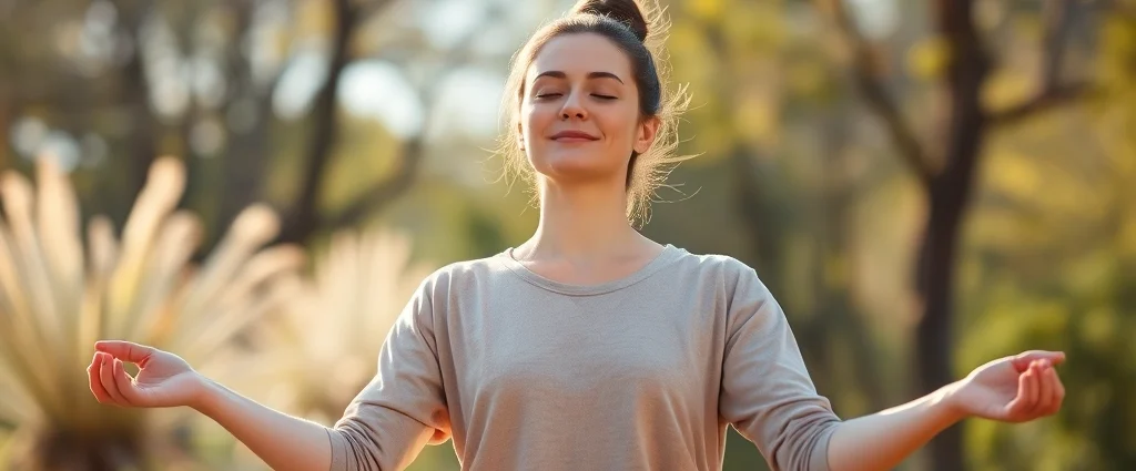 Person in peaceful meditation pose outdoors in natural sunlight, wearing neutral comfortable clothing, serene facial expression, soft focus background with blurred nature elements, photorealistic wellness imagery