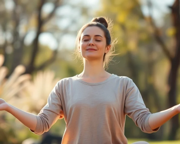 Person in peaceful meditation pose outdoors in natural sunlight, wearing neutral comfortable clothing, serene facial expression, soft focus background with blurred nature elements, photorealistic wellness imagery