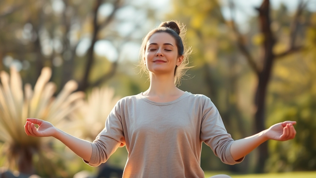 Person in peaceful meditation pose outdoors in natural sunlight, wearing neutral comfortable clothing, serene facial expression, soft focus background with blurred nature elements, photorealistic wellness imagery