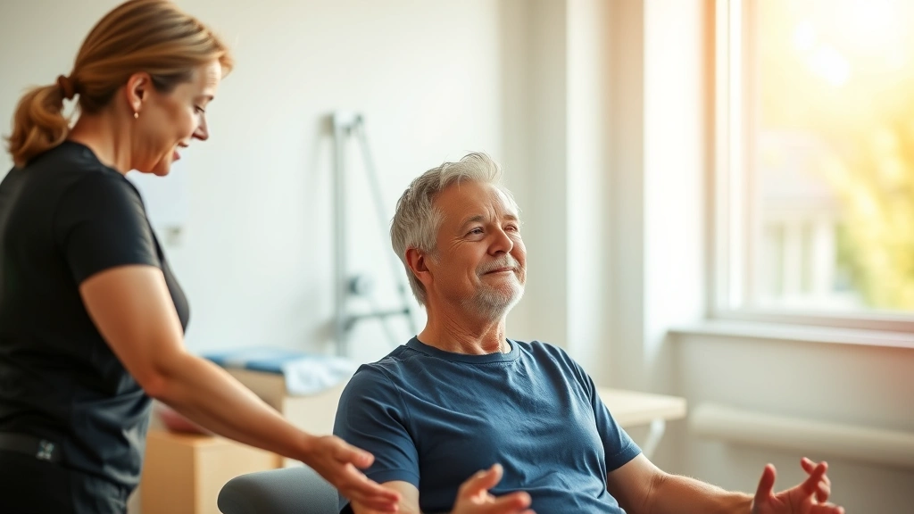 Physical therapist guiding patient through therapeutic exercise with mindful awareness, patient focused expression, clinical rehabilitation setting, professional healthcare environment, warm natural lighting