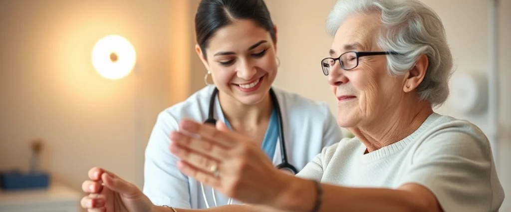 Healthcare professional with calm, focused expression assisting elderly client with therapeutic exercise, warm lighting, genuine human connection, serene clinical environment, mindful presence