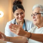 Healthcare professional with calm, focused expression assisting elderly client with therapeutic exercise, warm lighting, genuine human connection, serene clinical environment, mindful presence