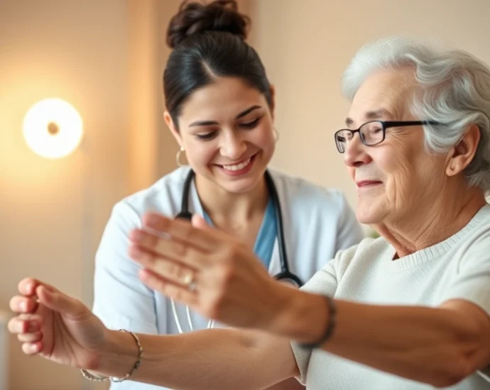 Healthcare professional with calm, focused expression assisting elderly client with therapeutic exercise, warm lighting, genuine human connection, serene clinical environment, mindful presence