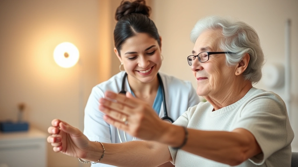 Healthcare professional with calm, focused expression assisting elderly client with therapeutic exercise, warm lighting, genuine human connection, serene clinical environment, mindful presence